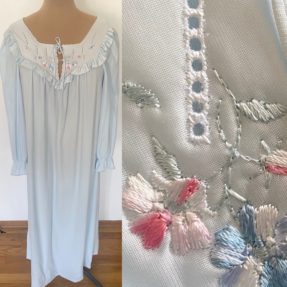 Vintage 60s MISS ELAINE Flannel Nightgown *Medium* Blue Satin Quilted Pajamas